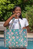 Aqua Bloom Quilted Block-Printed Tote