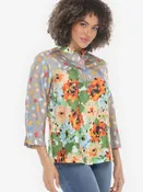 Abstract Floral Print Orange Green Silk Blouse