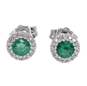 14K White Gold Emerald and Diamond Halo Stud Earrings