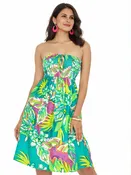 Allover Tropical Leaves and Floral Printed Short Shamrock Green Dress For Women P00855