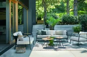Alfresco Home Elle Belt Deep Seating 79 inch Sofa with Teak Arm Rests | Cushions Inclusive