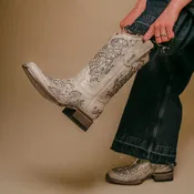 A3397 - WOMEN'S WHITE GLITTERED INLAY AND CRYSTALS SQUARE TOE WEDDING COWBOY BOOT