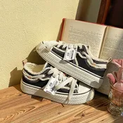 2025 Spring New Style Women Low-Top Canvas Shoes Casual Black Sneakers Women's Canvas Round Toe Flat Lace-Up Sport Skate Shoes Fashion Trend Sports Shoes Cute Women's Shoes