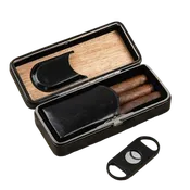 3-Cigar Folding Travel Case with Cutter — Black Leather