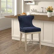 26" Swivel Counter Height Chair, Blue Polyster Fabric, Wood Legs