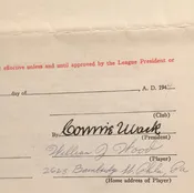 1944 William Wood players contract autographed by Wood and Connie Mack.  Full JSA letter