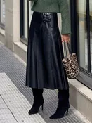 Buckle Detail Faux Leather Midi Skirt