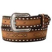 3-D Brown Roughout Boot Stitch Belt with White Buck Stitched Edges