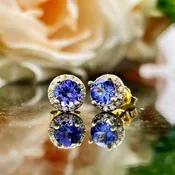 1.18ctw Tanzanite With Diamond Halo Stud Earrings 14k Yellow Gold | Warren Jewelers