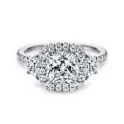 14K White Gold Cushion Three Stone Halo Diamond Engagement Ring