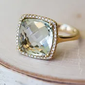 Cushion cut green amethyst with diamond halo 14k yellow gold ring