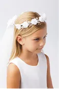 Girls First Communion Flower Crown Veil. Features Organza Flowers with Rhinestones and Pearls