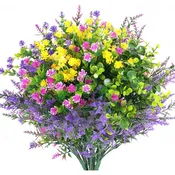 12 Pcs Artificial Flowers Outdoor, Faux Artificial Plants UV Resistant Plastic Flower Bulk for Hanging Planter Porch Window Home Wedding Fall Summer Decor (12, Fuchsia, Purple, Yellow, Green)