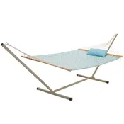 Deluxe 52 Quilted Fabric Hammock with Patented KD Space Saving Hammock Stand and Pillow Combo - Light Blue