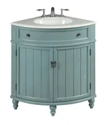 24 Inch Cottage Freestanding Light Blue Triadsville Corner Bathroom Vanity, Single Sink, White Marble Top, Fully Assembled