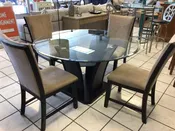 54" Round Glass Pedestal Table & 4 Beige/Black Chairs