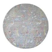 10'1"x10'1" Gray Afghan Peshawar Birds Design Hand Knotted Wool Round Rug R89983