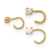 14K 22 Gauge 2mm CZ / 2mm Synthetic Opal / 2mm Ball 3-piece Nose Post Set