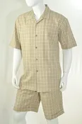 Christi Mens Khaki Plaid Casual Short Set 41402 Size M/30