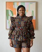 African Inspired Black, Rust, Cream & Blue Print Top