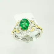 18K Two Tone Emerald &amp;amp; Diamond Gold Leaf Accent Ring