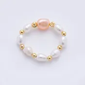 18K Gold Filled Freshwater Pearl Bead Handmade Stretch Ring | O-055