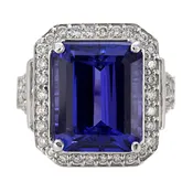 10.85ct Emerald Cut Tanzanite & Diamond Halo Ring
