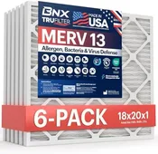 BNX TruFilter 18x20x1 Air Filter MERV 13 (6-Pack) – MADE IN USA – Electrostatic Pleated Air Conditioner HVAC AC Furnace Filters for Allergies, Pollen, Mold, Bacteria, Smoke, Allergen, MPR 1900 FPR 10 –