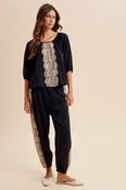 AnnieWear Lace Trim Satin Gathered Blouse and Balloon Pants Set in Black