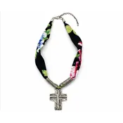 American Bison Black Floral Fabric Necklace with Silver Cross Pendant – ABNL 45-2604