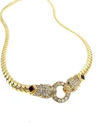 18k Yellow Gold Double Panther Head Collar Necklace with Pave Diamonds and Rubies