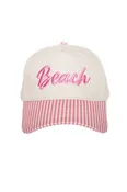 Beach Cursive Two-Toned Trucker Hats: Pink and Light Pink Stripe