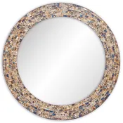 24" Inch Round Gold Hued Multi Colored Decorative Mosaic Glass Wall Mirror, Handmade Mosaic Tile Frame Accent Mirror