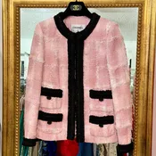 Chanel 22C Pink & White Check Tweed Jacket with Black Trim