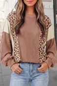Adult Leopard Print Colorblock Ribbed Knit Pullover Top