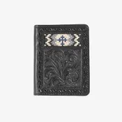 3D Black Floral Embossed Bifold Wallet with Embroidered Cross Inlay