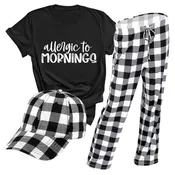 3 pc Set - Black Allergic to Mornings PJ's, Hat and T-Shirt for Women #SET-BLKCHK-MORN-190TS2030