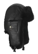 Mad Bomber Black Leather Bomber Hat with Black Rabbit Fur