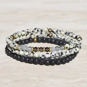 "Balance and Grounding" Dalmatian Jasper and Smoky Quartz Delicate Bracelet Stack