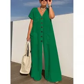 Green V-Neck Wide Leg Jumpsuit