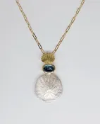 Custom Sand Dollar Pendant in 18k Yellow Gold and Sterling Silver. London Blue Topaz Gem — Treasures Fine Jewelry