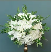 Luxe White Rose, Hydrangea & Greenery Centerpiece — Welcome To Somthin' Borrowed Event Rentals
