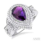 10X7 MM Pear Cut Amethyst and 1/20 Ctw Round Cut Diamond Semi-Precious Ring in Sterling Silver