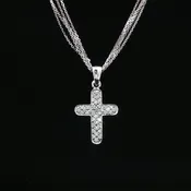 14K White Gold Triple Curb Chain Cross Necklace with Diamonds