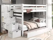 Bedz King Full Over Full Stairway Bunk Bed in White with Twin Trundle