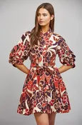Abstract Floral Tie Waist 3/4 Sleeve Dress