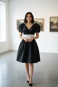 Vintage Victor Costa Black Cocktail Dress with Bubble Sleeves & Sash Belt