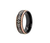 7mm Flat Shaped Black Plated Tungsten with Rose Gold Plated Stepped Edges and Native American Tribal Engravings
