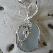 Gray Sea Glass Pendant with Dolphin Charm