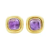 18K Amethyst Cabochon Omega Back Earrings | Antique & Estate Jewelry | Designs in Gold